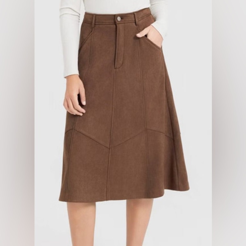 NWT Universal Thread Women's Faux Suede Knit Midi A-Line Skirt- Brown
